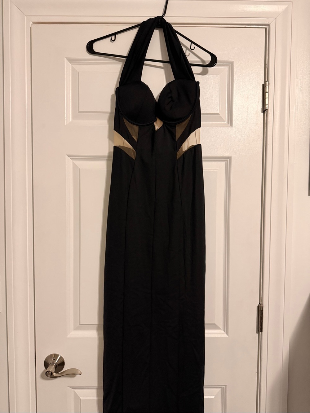 JLUXLABEL Black Halter Gown with Beige Sheer Insets